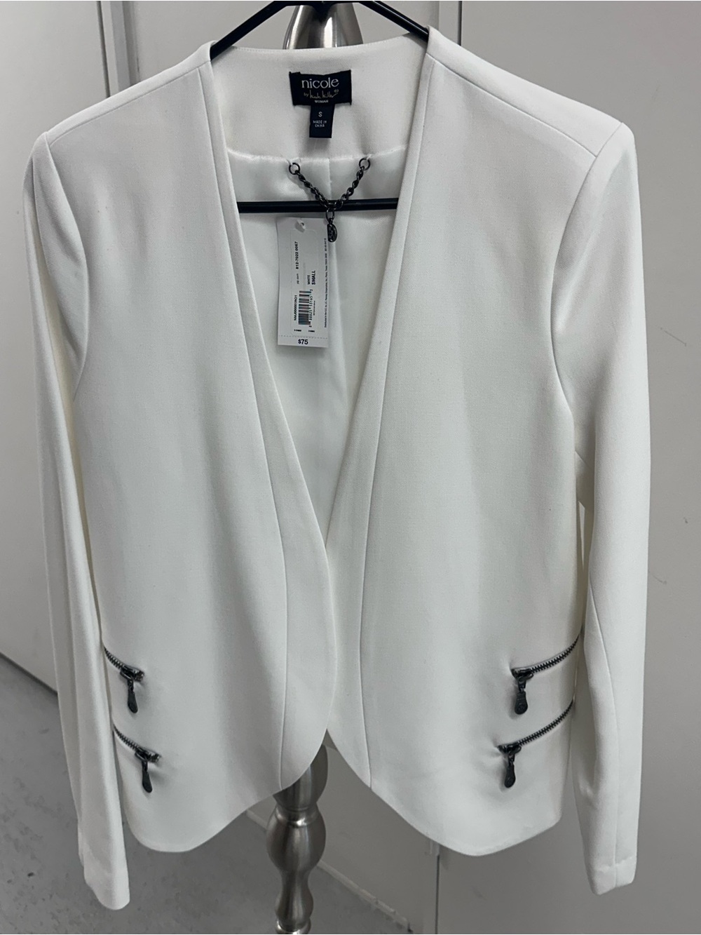 Nicole by Nicole Miller White Open-Front Blazer with Zip Accents